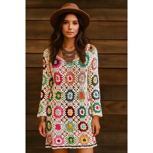 Nasty Gal Dress Women M/L Colorful Crochet Granny Square Beach Boho Festival